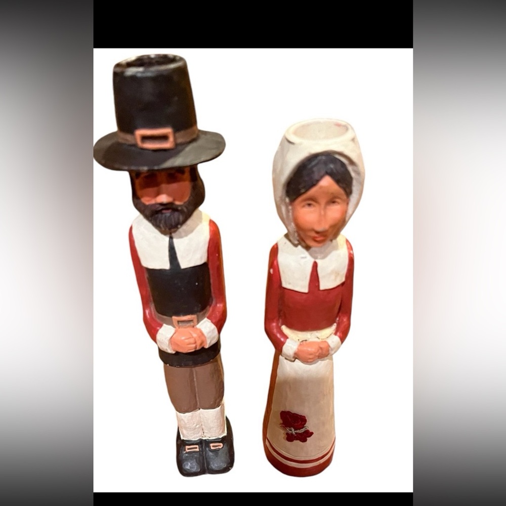 Kurt Adler pilgrim wood sculpted Thanksgiving candle holders